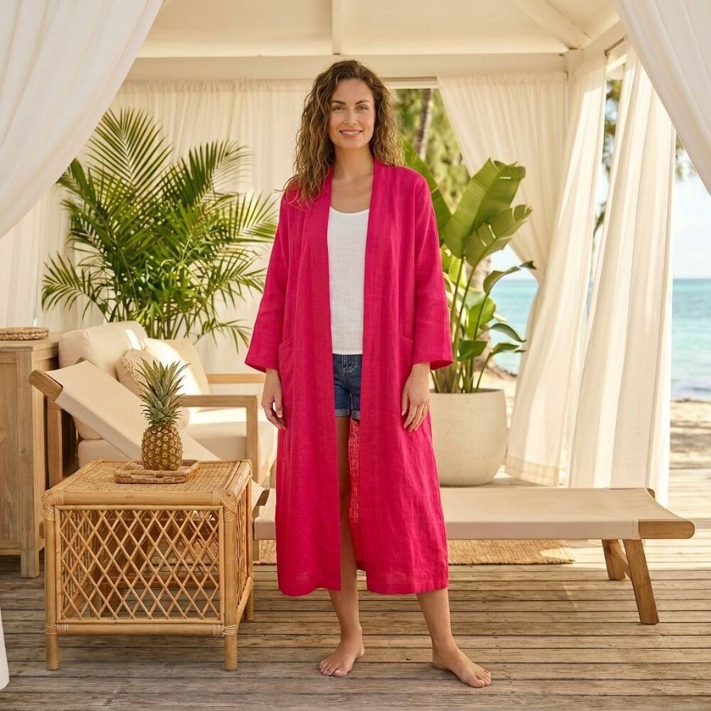 The Raw Linen Fuchsia Pink 100%‎ Linen Long Duster Cardi Robe Made in Lithuania